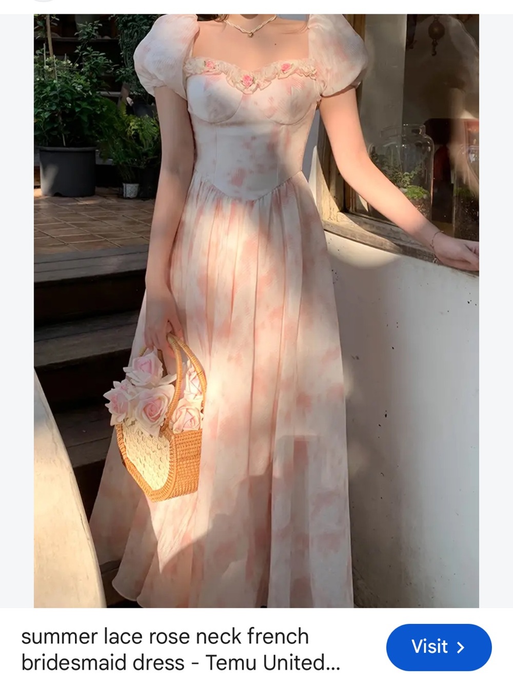 Soft Pink Rose-Print Maxi Dress with Puff Sleeves
